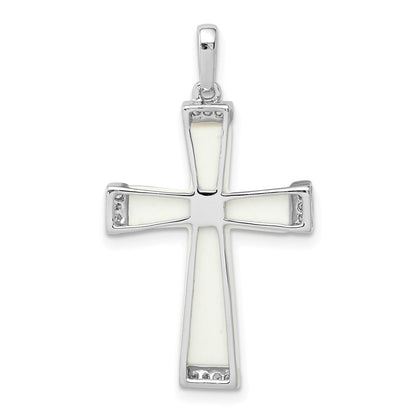 14K Weißgold Kreuz-Anhänger mit weißem Achat und echten Diamanten