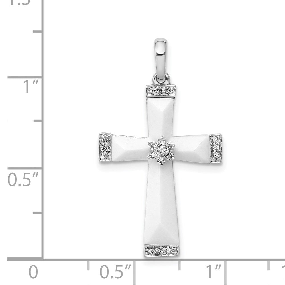 14K Weißgold Kreuz-Anhänger mit weißem Achat und echten Diamanten