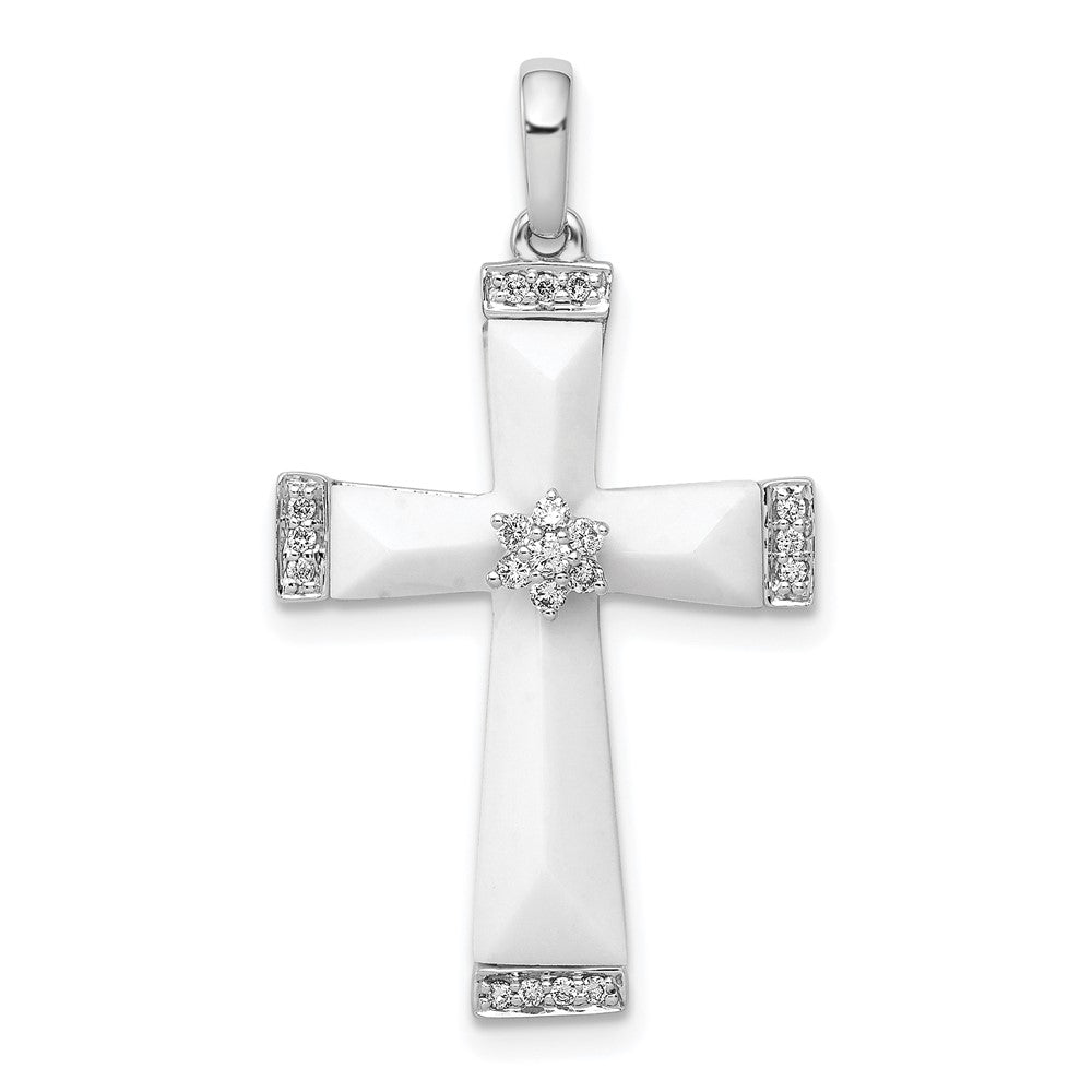 14K Weißgold Kreuz-Anhänger mit weißem Achat und echten Diamanten