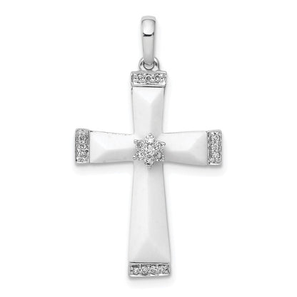 14K Weißgold Kreuz-Anhänger mit weißem Achat und echten Diamanten