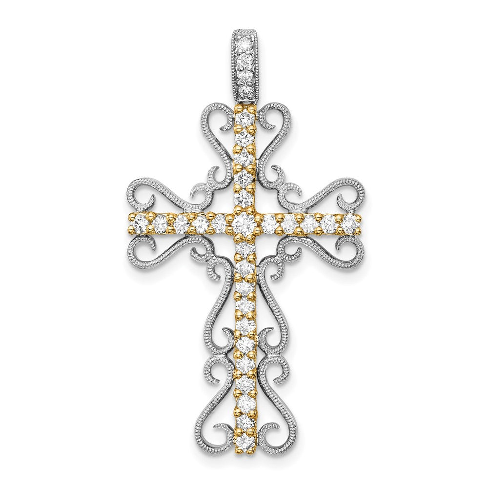 14 Karat Bicolor-Gold Kreuzanhänger mit Diamant-Filigranarbeit, 0,625 ct