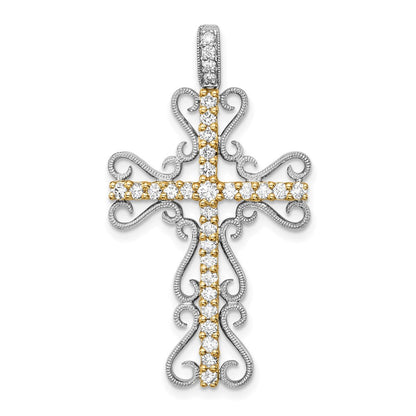 14 Karat Bicolor-Gold Kreuzanhänger mit Diamant-Filigranarbeit, 0,625 ct
