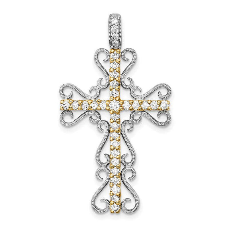 14 Karat Bicolor-Gold Kreuzanhänger mit Diamant-Filigranarbeit, 0,625 ct
