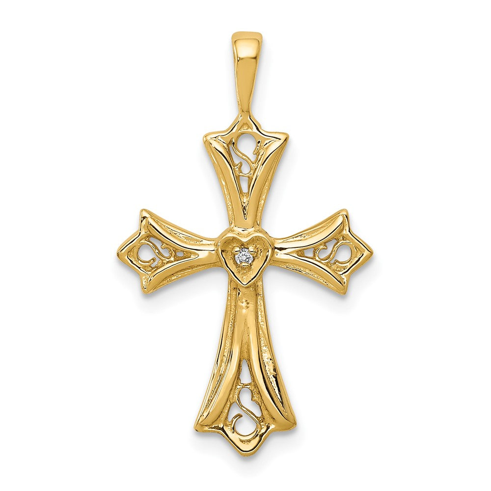14K Gelbgold Kreuz-Anhänger mit AA echtem Diamant und Herz in der Mitte
