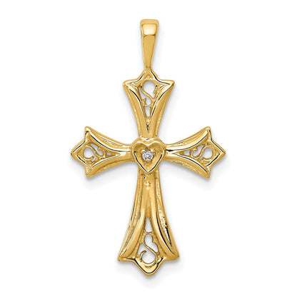 14K Gelbgold Kreuz-Anhänger mit AA echtem Diamant und Herz in der Mitte