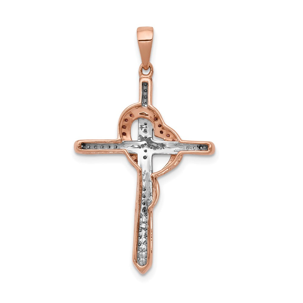 14 Karat Roségold Kreuz-Anhänger mit Herz, mit roten und weißen echten Diamanten