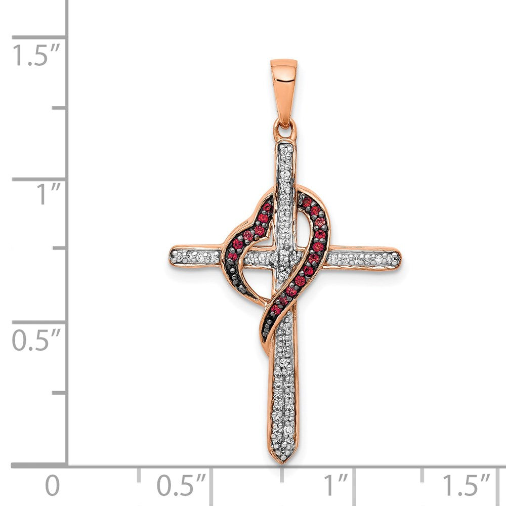 14 Karat Roségold Kreuz-Anhänger mit Herz, mit roten und weißen echten Diamanten