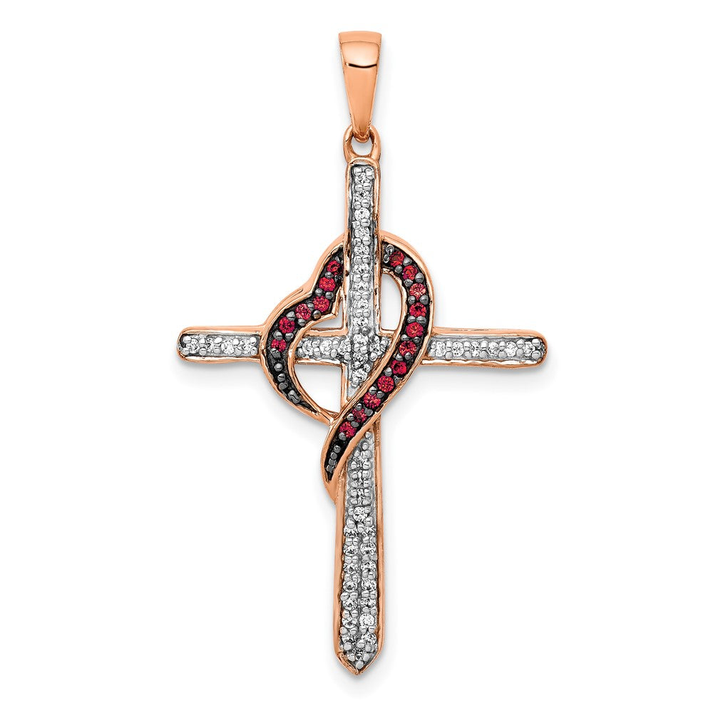 14 Karat Roségold Kreuz-Anhänger mit Herz, mit roten und weißen echten Diamanten