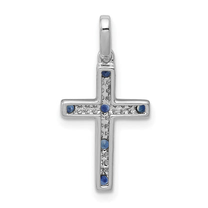 14 Karat Weißgold Kreuz-Anhänger mit 0,067 ct. echtem Diamant und Saphir