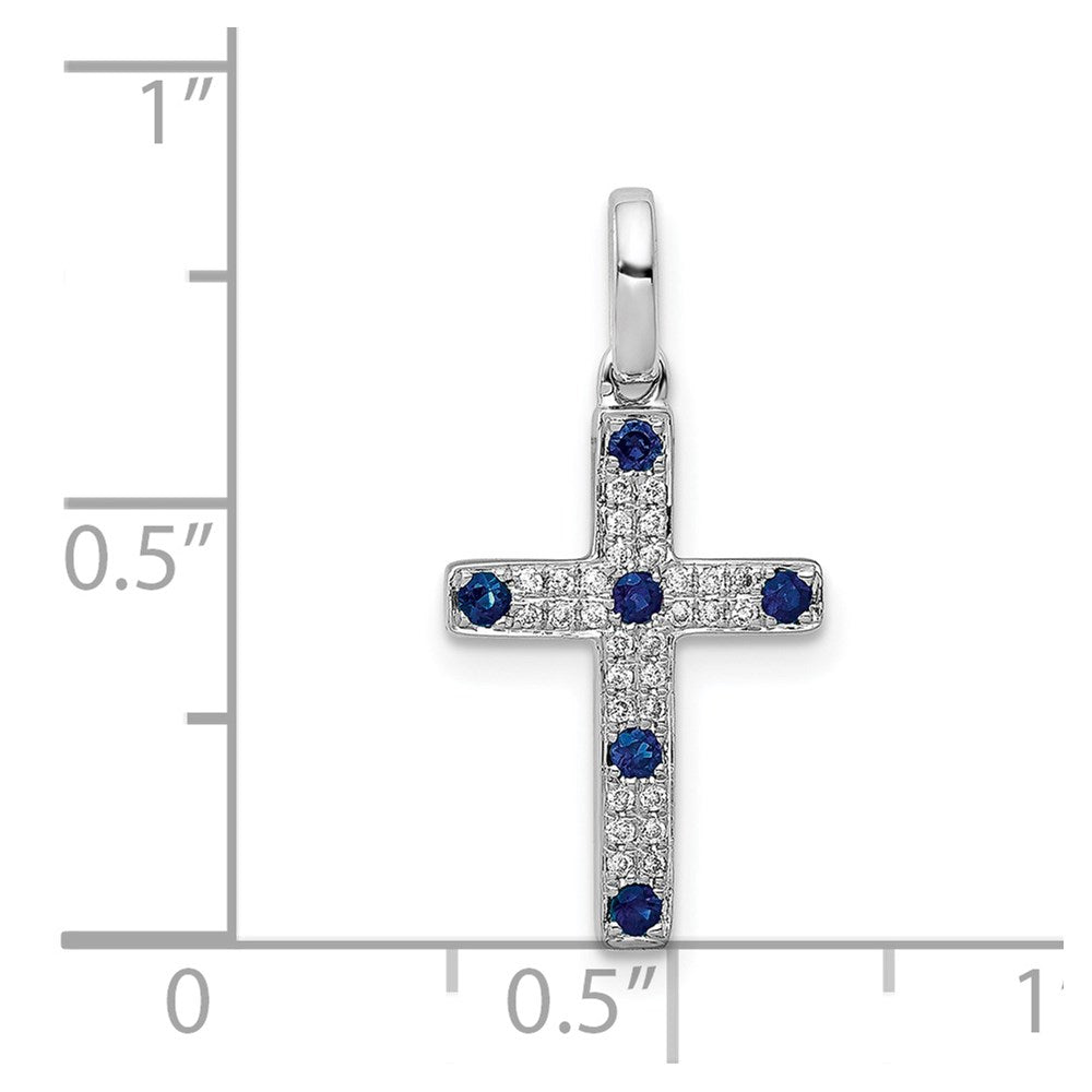 14 Karat Weißgold Kreuz-Anhänger mit 0,067 ct. echtem Diamant und Saphir