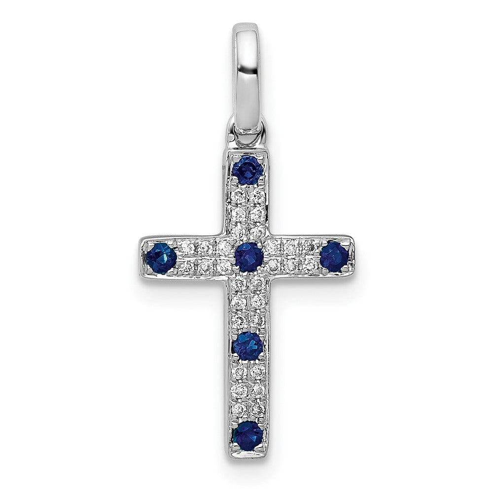 14 Karat Weißgold Kreuz-Anhänger mit 0,067 ct. echtem Diamant und Saphir