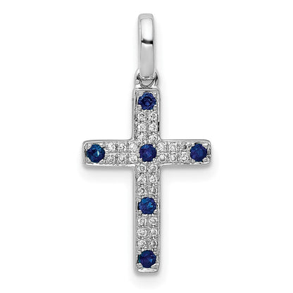 14 Karat Weißgold Kreuz-Anhänger mit 0,067 ct. echtem Diamant und Saphir