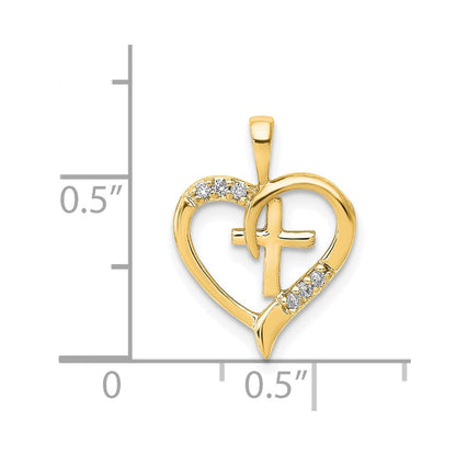 14K Gelbgold AA Echter Diamant Herz-Kreuz-Anhänger