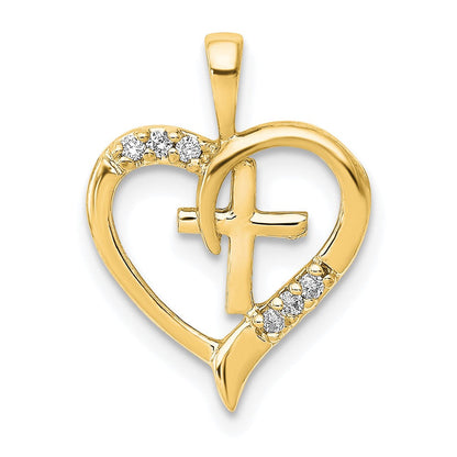 14K Gelbgold AA Echter Diamant Herz-Kreuz-Anhänger