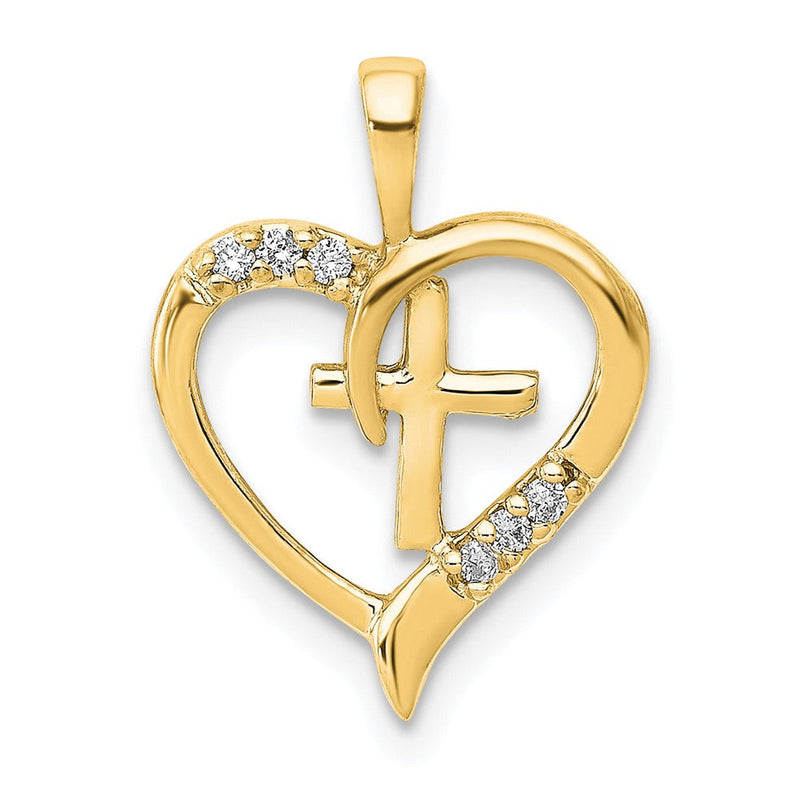 14K Gelbgold AA Echter Diamant Herz-Kreuz-Anhänger
