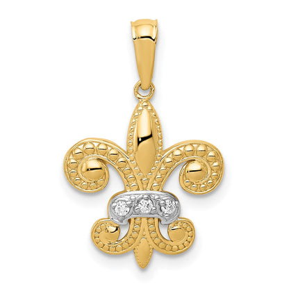 14K Gelbgold mit Rhodium, poliert, echter Diamant-Fleur-de-Lis-Anhänger