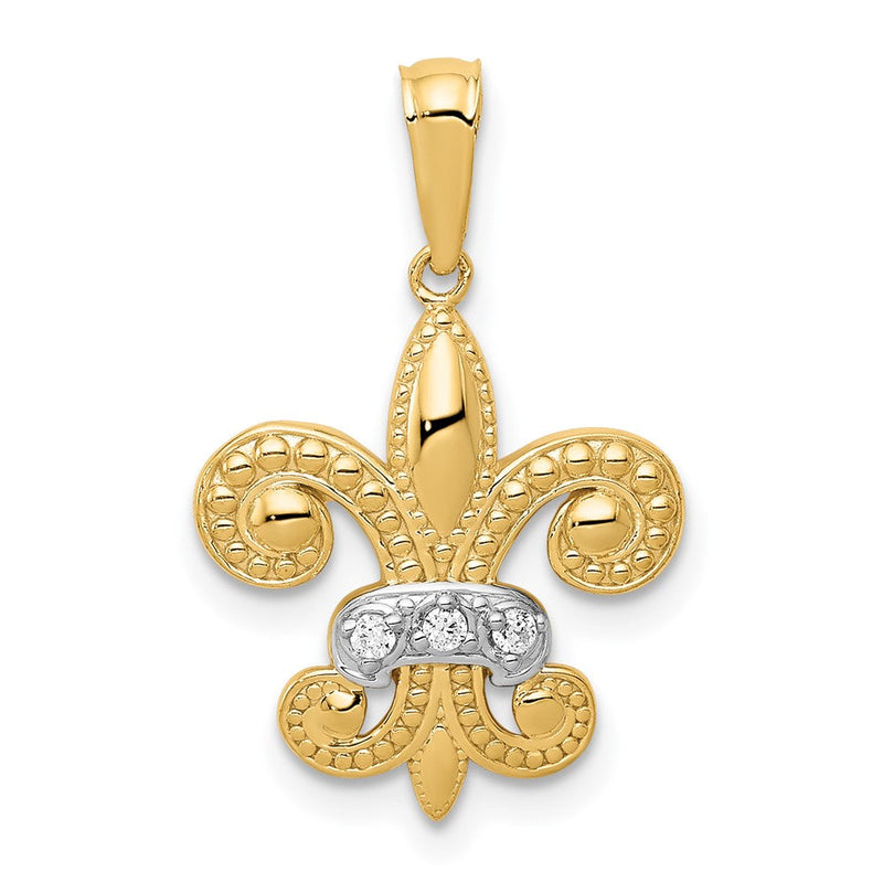 14K Gelbgold mit Rhodium, poliert, echter Diamant-Fleur-de-Lis-Anhänger