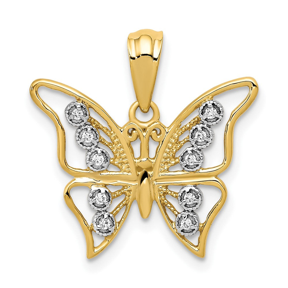 10K Gelb mit Rhodium und Rhodium Diamant Schmetterling Anhänger