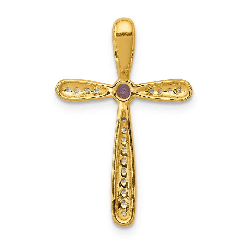 14K Gelbgold Echt Diamant und Amethyst Poliert Kreuz Kette Anhänger