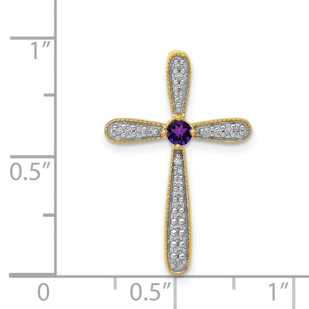 14K Gelbgold Echt Diamant und Amethyst Poliert Kreuz Kette Anhänger