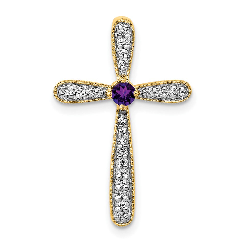 14K Gelbgold Echt Diamant und Amethyst Poliert Kreuz Kette Anhänger