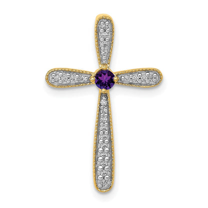 14K Gelbgold Echt Diamant und Amethyst Poliert Kreuz Kette Anhänger