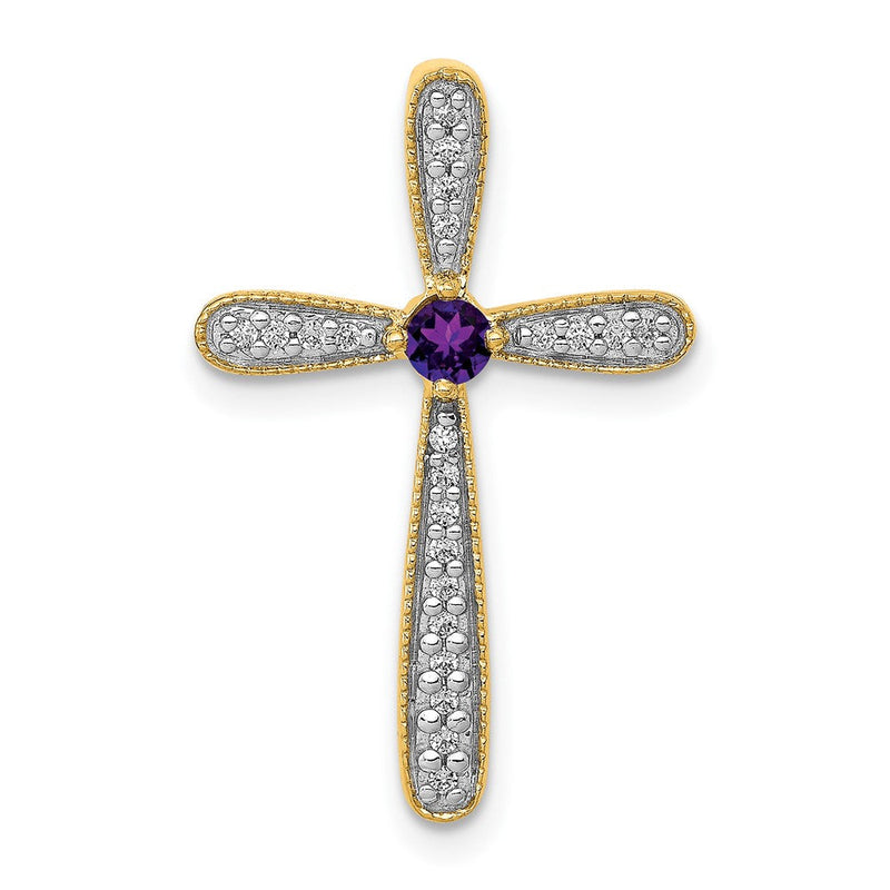 14K Gelbgold Echt Diamant und Amethyst Poliert Kreuz Kette Anhänger