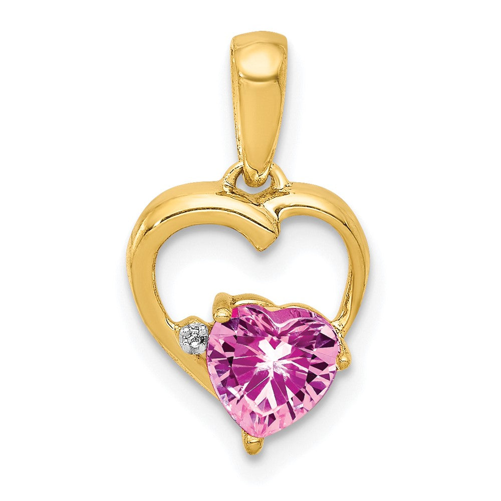 14K Gelbgold Anhänger mit synthetischem Pink-Saphir und echten Diamanten in Herzform