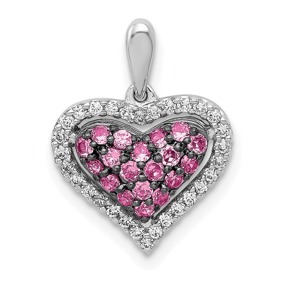 14K Weißgold Herz-Anhänger mit echtem Diamant und rosa Saphir