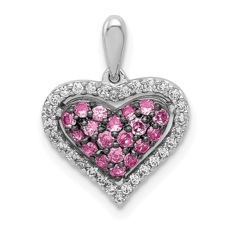14K Weißgold Herz-Anhänger mit echtem Diamant und rosa Saphir