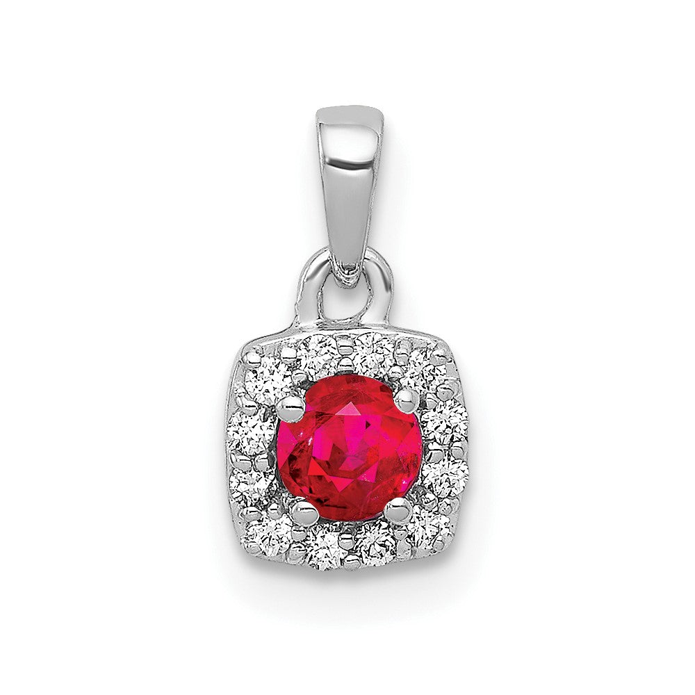 14K Weißgold Anhänger mit echtem Diamant und 0,20 ct. Rubin, quadratisches Halo-Design