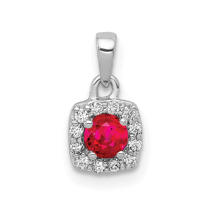 14K Weißgold Anhänger mit echtem Diamant und 0,20 ct. Rubin, quadratisches Halo-Design