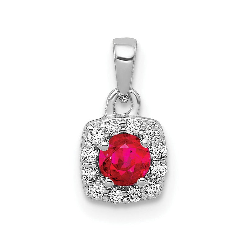 14K Weißgold Anhänger mit echtem Diamant und 0,20 ct. Rubin, quadratisches Halo-Design
