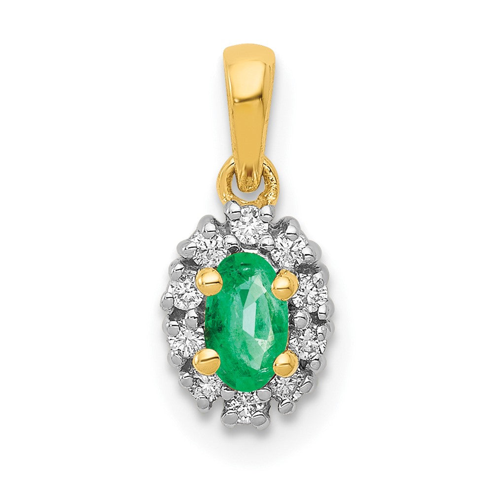 14K Gelbgold und Rhodium Anhänger mit echtem Diamant und ovalem Smaragd