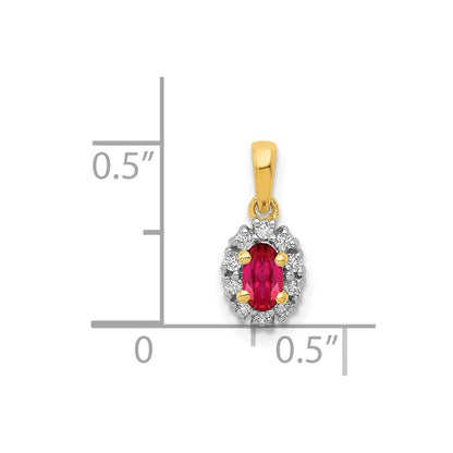 14K Gelbgold und Rhodium Anhänger mit echtem Diamant und 0,32 ct. ovalem Rubin mit Halo