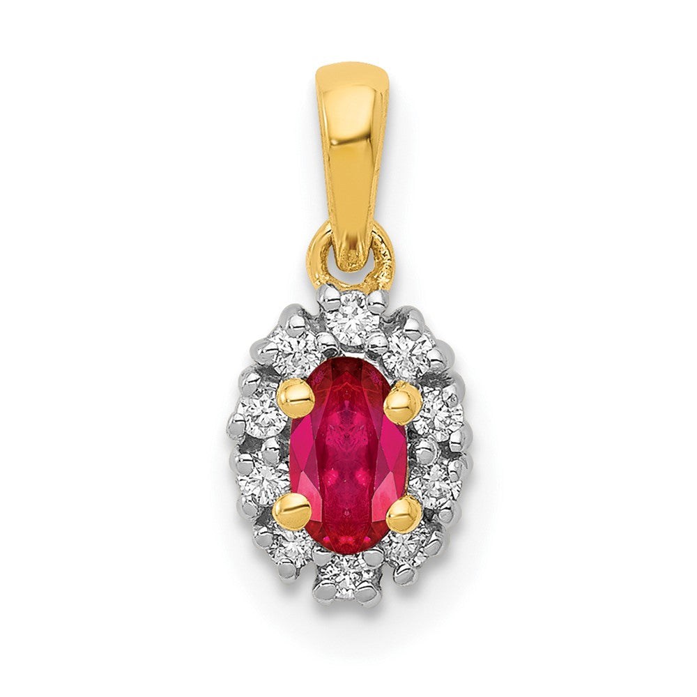 14K Gelbgold und Rhodium Anhänger mit echtem Diamant und 0,32 ct. ovalem Rubin mit Halo