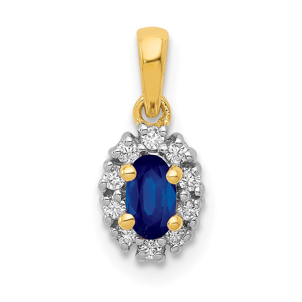 14K Gelbgold und Rhodium mit echtem Diamant und 0,32 ct. Saphir, ovaler Halo-Anhänger