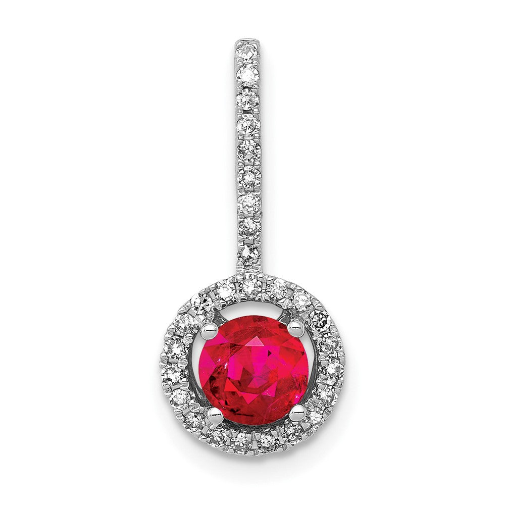 14 K Weißgold Anhänger mit echtem Diamant und 0,69 ct. Rubin, Halo-Fassung