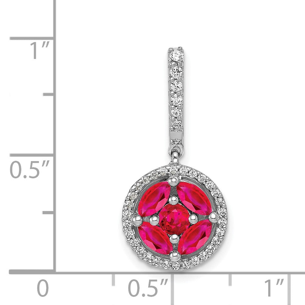 14K Weißgold Anhänger mit Echtdiamant und 1,02 ct. Rubin im Kreis-Halo-Design