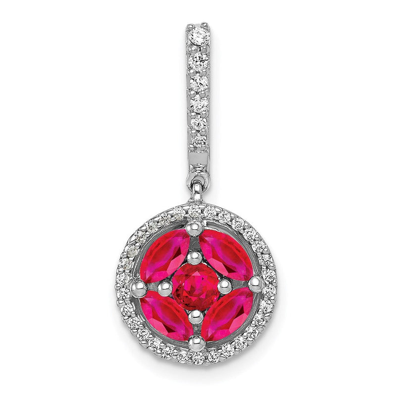14K Weißgold Anhänger mit Echtdiamant und 1,02 ct. Rubin im Kreis-Halo-Design