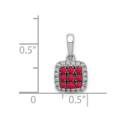 14 K Weißgold Anhänger mit echtem Diamant und 0,23 ct. Rubin, quadratisches Halo-Design