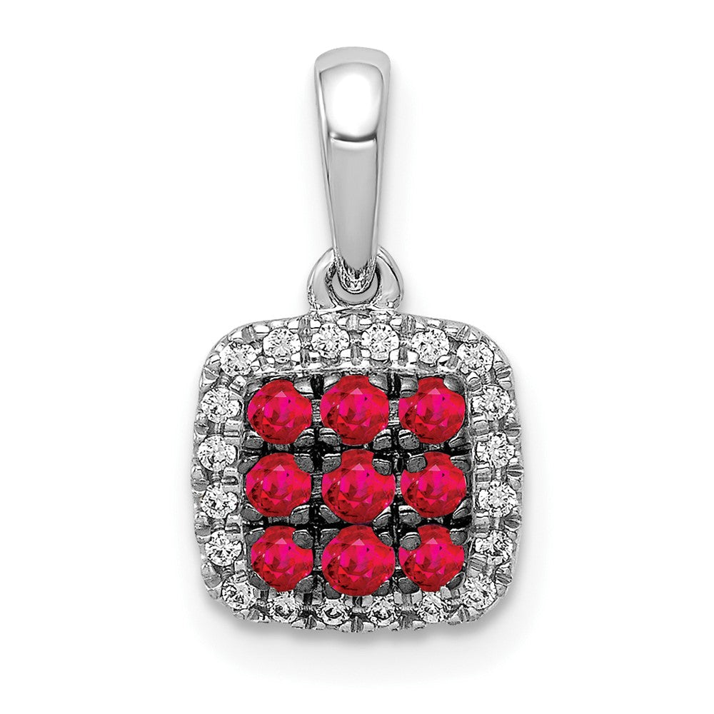 14 K Weißgold Anhänger mit echtem Diamant und 0,23 ct. Rubin, quadratisches Halo-Design