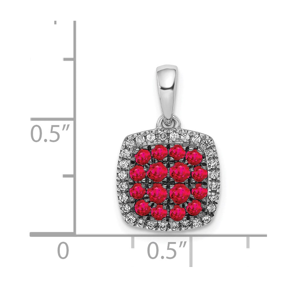 14K Weißgold Anhänger mit echtem Diamant und Rubin, quadratisches Halo-Design