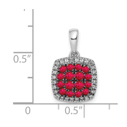 14K Weißgold Anhänger mit echtem Diamant und Rubin, quadratisches Halo-Design