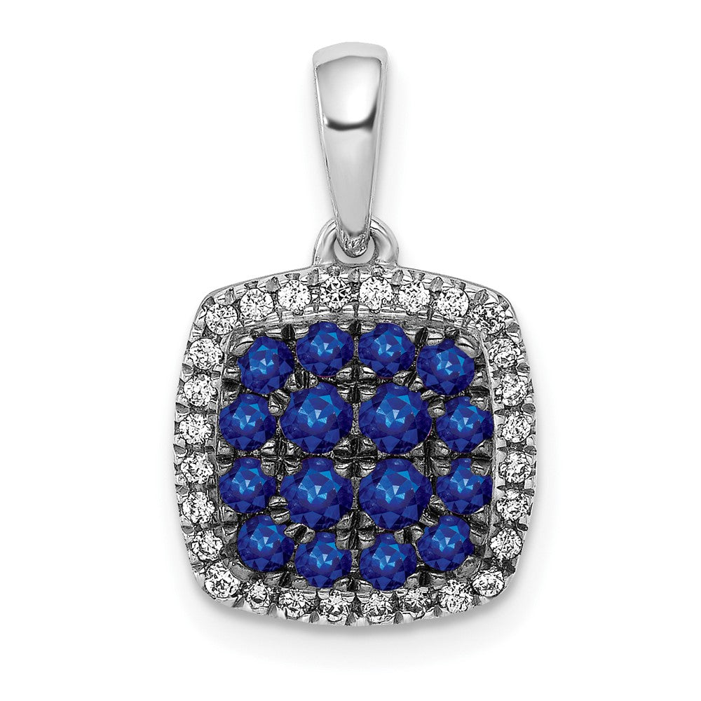 14K Weißgold Quadratischer Halo-Anhänger mit echtem Diamant und Saphir