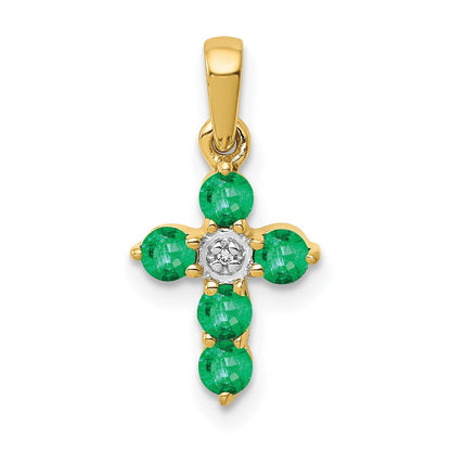 14K Gelbgold Kreuzanhänger mit Smaragd und echtem Diamant
