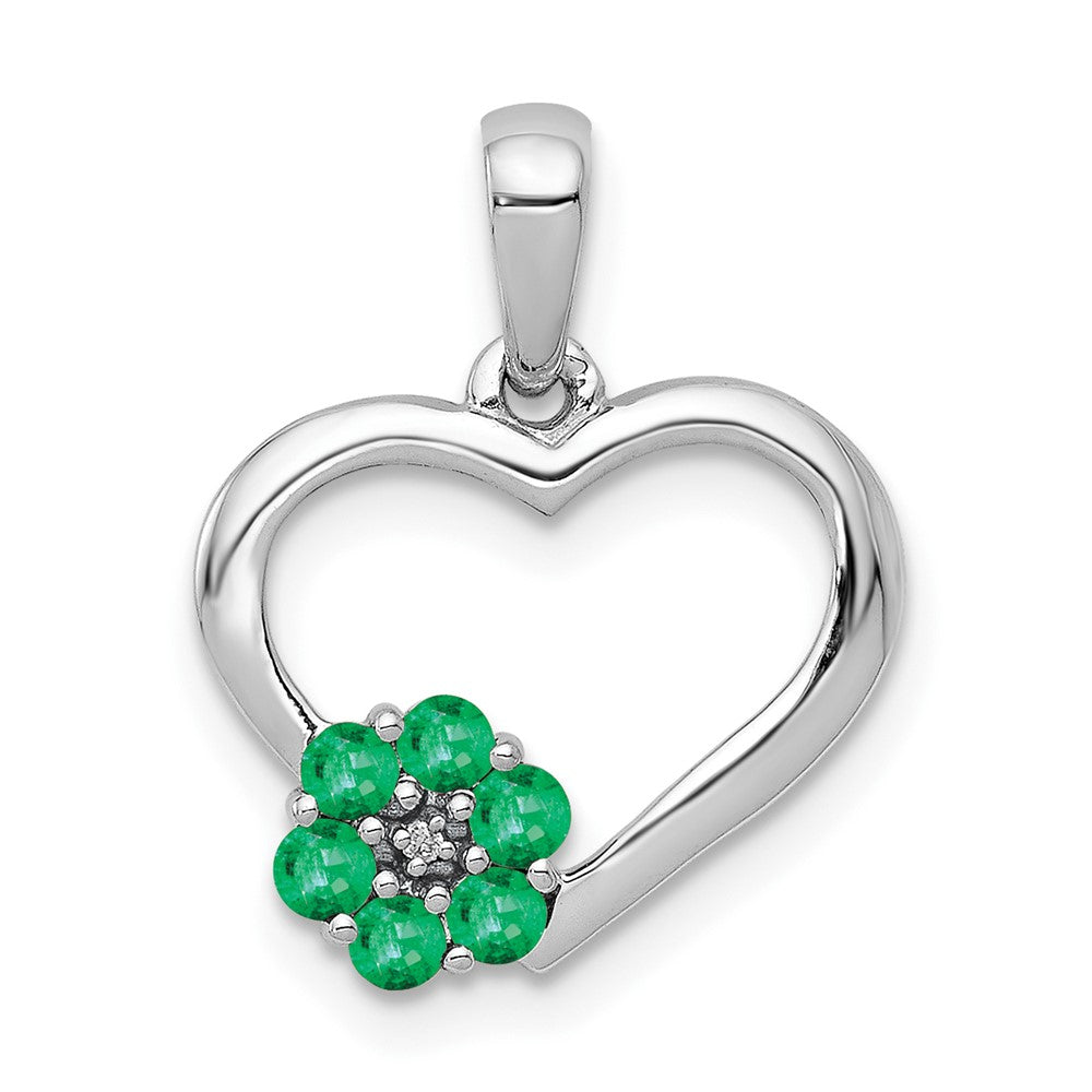 14K Weißgold-Anhänger mit echtem Diamant und Smaragd in Herz- und Blumenform