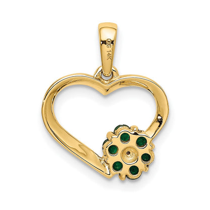 10K Gelbgold Herz- und Blumen-Anhänger mit echtem Diamant und Smaragd