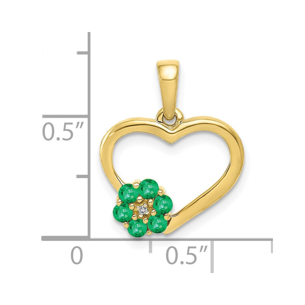 10K Gelbgold Herz- und Blumen-Anhänger mit echtem Diamant und Smaragd