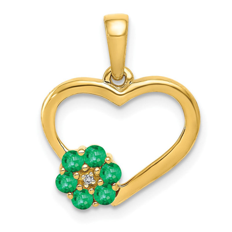 10K Gelbgold Herz- und Blumen-Anhänger mit echtem Diamant und Smaragd